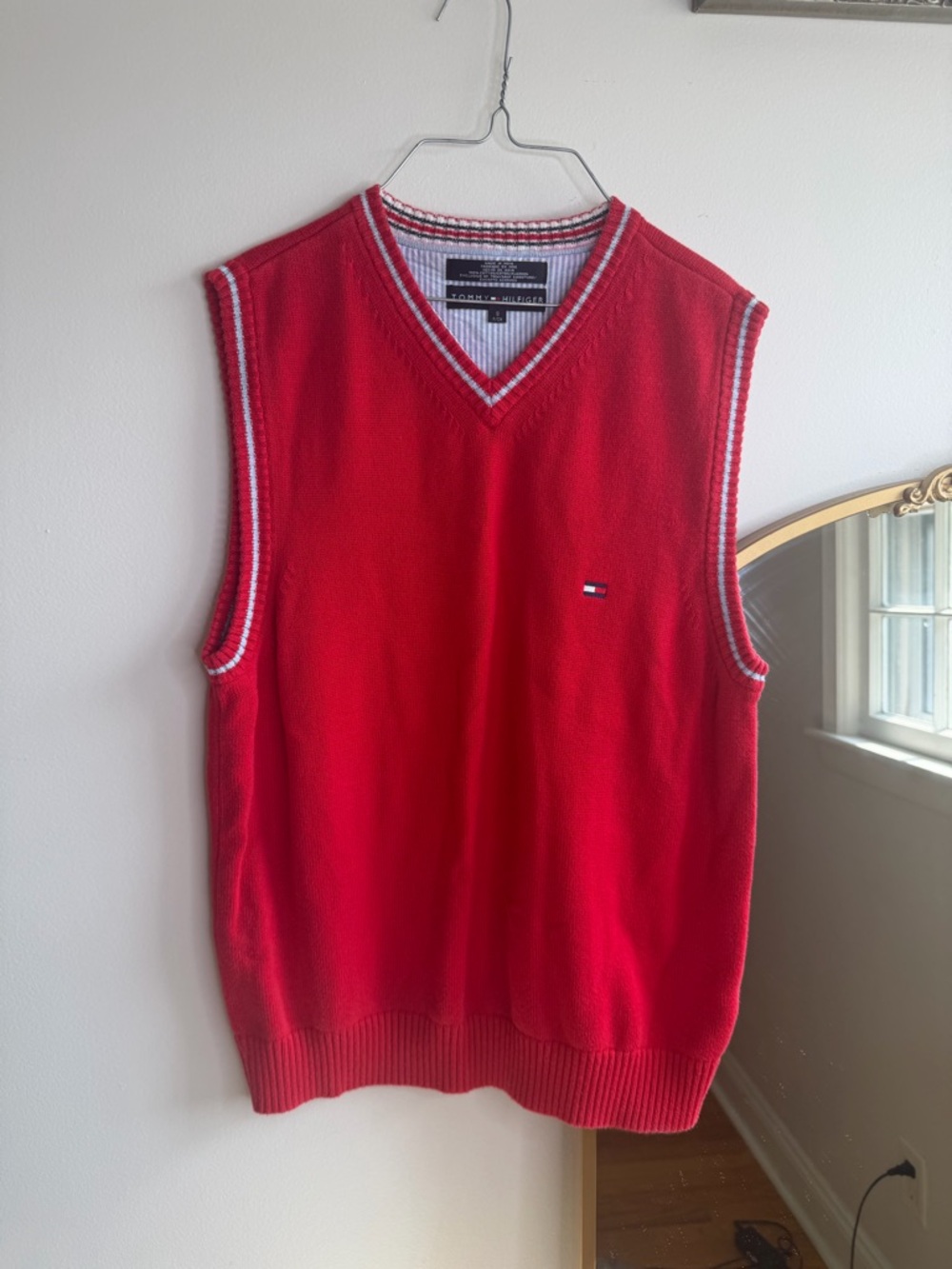 Tommy Hilfiger Red V-Neck Sweater Vest with Contrast Trim